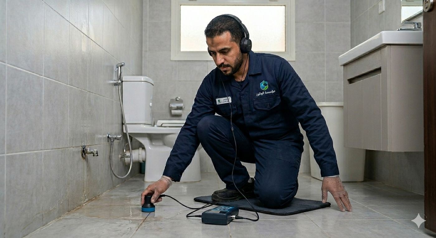 فني كشف تسربات مياه يستخدم جهاز استماع إلكتروني لتحديد موقع تسرب المياه أسفل بلاط الحمام في حي الصفا